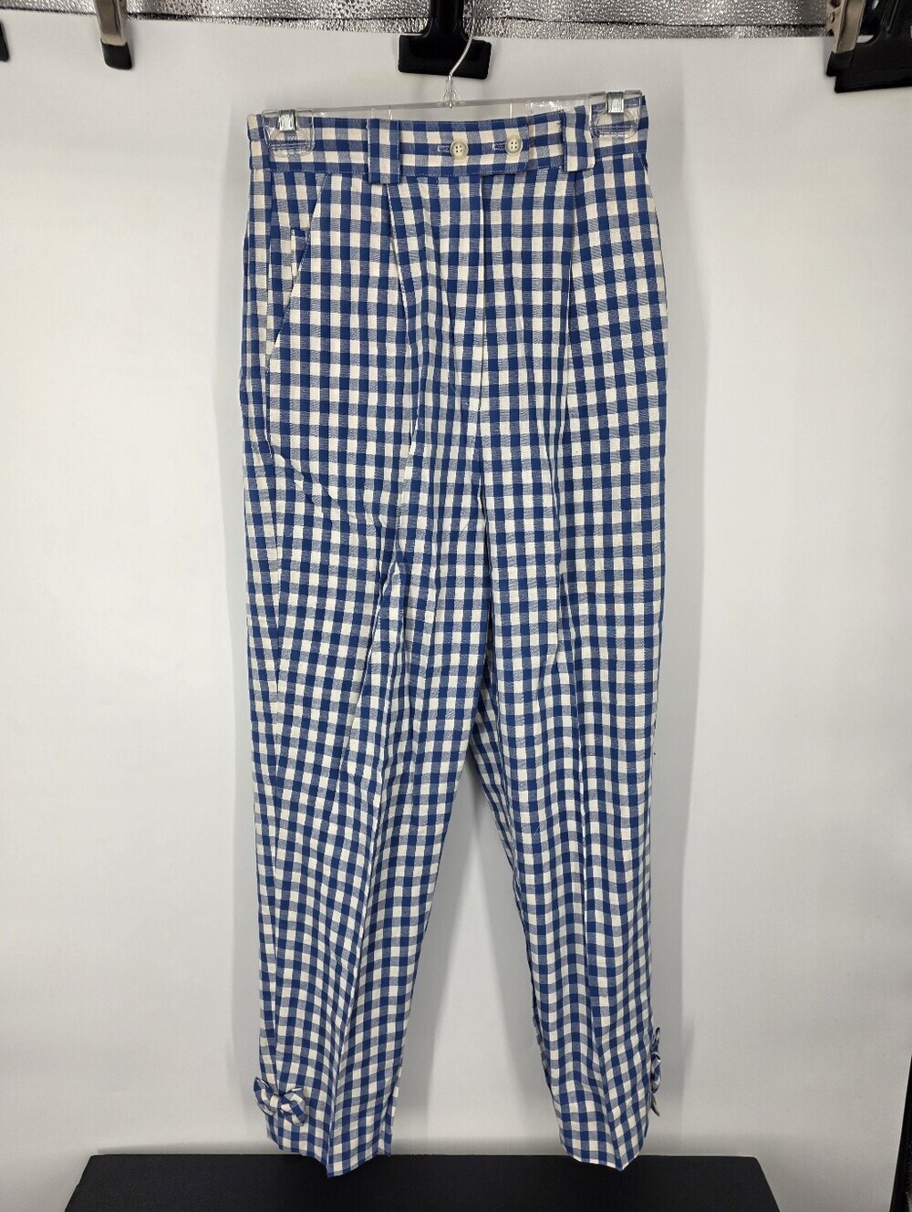 Vintage The Eagle's Eye Gingham Pants M Blue White High Waisted Bow Cuff
